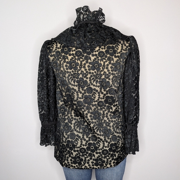 Vintage Custom Made Black Tan Lace Bow Snap Up Long Sleeve Blouse L/XL - Picture 6 of 9